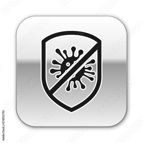 Black Stop virus, bacteria, germs and microbe icon isolated on white background. Antibacterial and antiviral defence, protection infection. Silver square button. Vector Illustration
