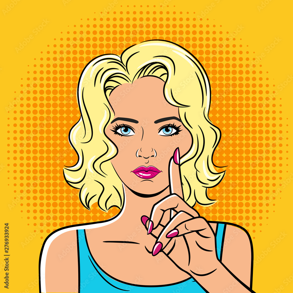 A beautiful young woman draws attention with her index finger. The girl is drawn in the style of pop art. A beautiful young woman draws attention with her index finger. The girl is drawn in the style of pop art.