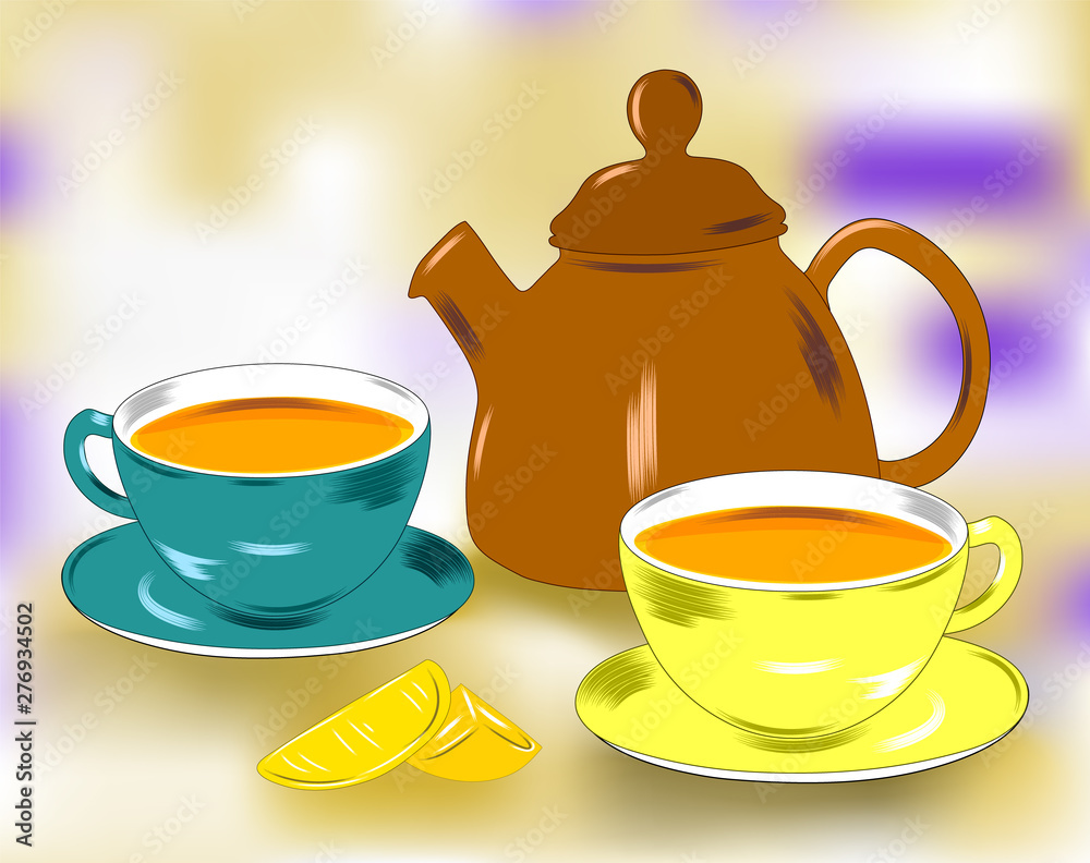 Fototapeta premium Flat drawing of a tea party .Still life of dishes, beautiful background. Teapot, Cup and saucer. The mugs are filled with tea. Vector