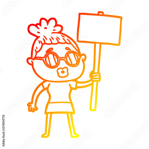 warm gradient line drawing cartoon protester woman wearing spectacles