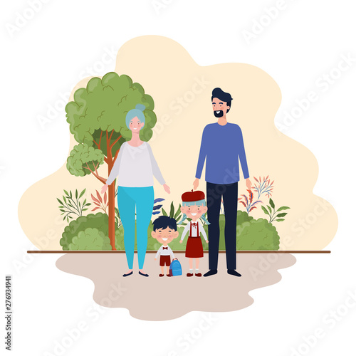 couple of parents with children in landscape