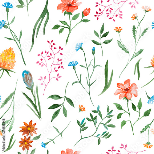 Different flowers , watercolor painting - hand drawn seamless pattern with blossom on white background