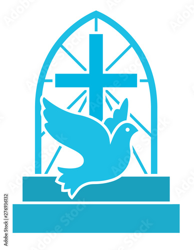 Church logo for modern christians with flying dove, cross and stairs. Flat isolated vector icon symbol for love, hope and faith in Jesus.