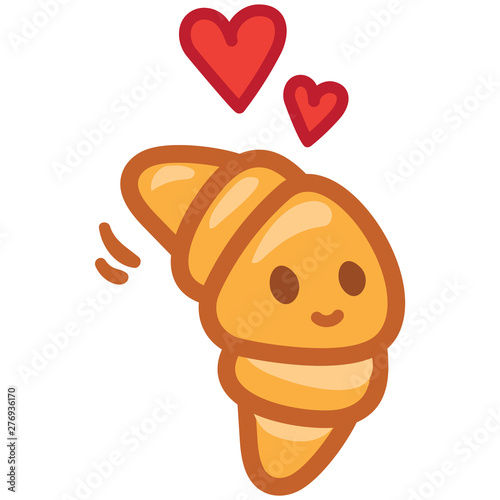Croissant cartoon character doodle showing some  love with flying hearts.  Perfect croissant love mascot for your bakery. Funny and cute food logo drawing. Isolated vector illustration.