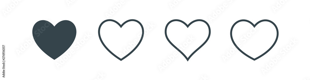 Heart icons, linear symbols drawn with thin grey line. Vector illustration set. Simple hearts drawings.  Concept of love logo.