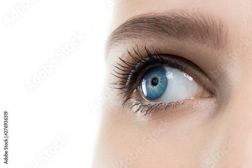 Fototapeta Naklejka Na Ścianę i Meble -  Female open blue eye with contact lens , close up.