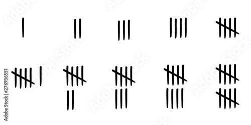 Cartoon tally marks, scratch lines score. Drawn pencil marks for learninig to count points. Marks from one to ten.
