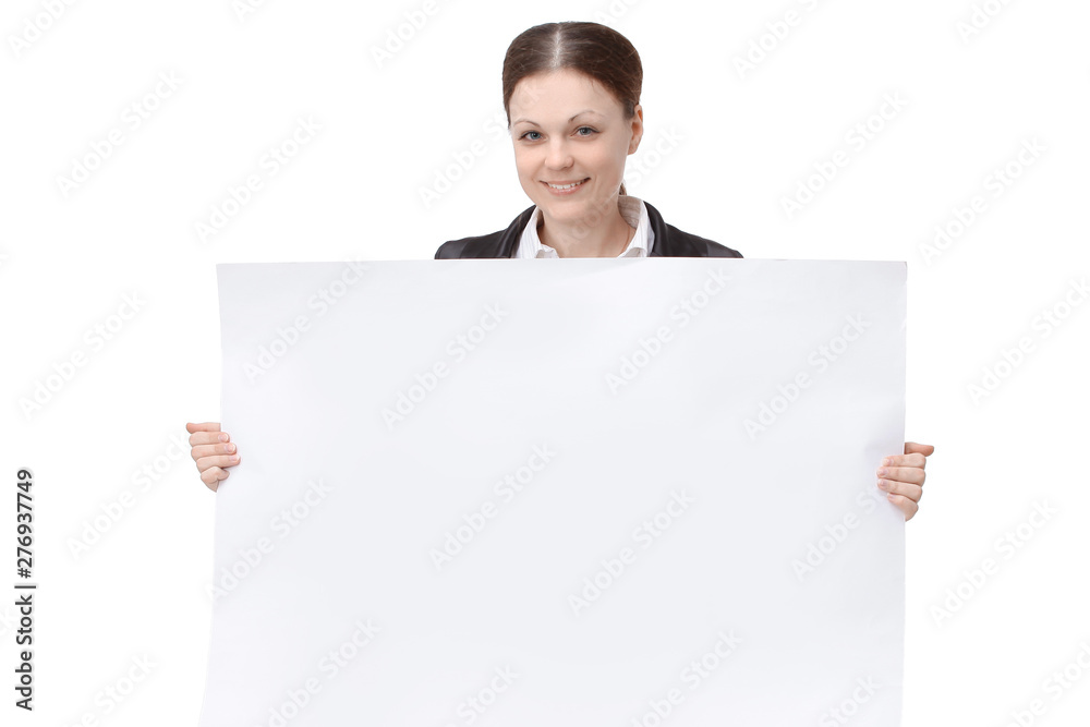 young woman employee of the company holding a blank banner young woman employee of the company holding a blank banner