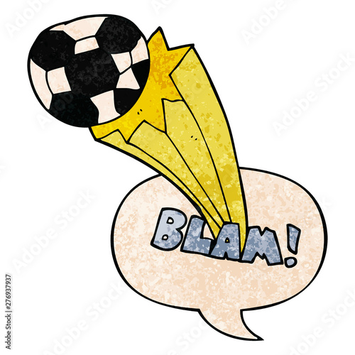 cartoon kicked soccer ball and speech bubble in retro texture style