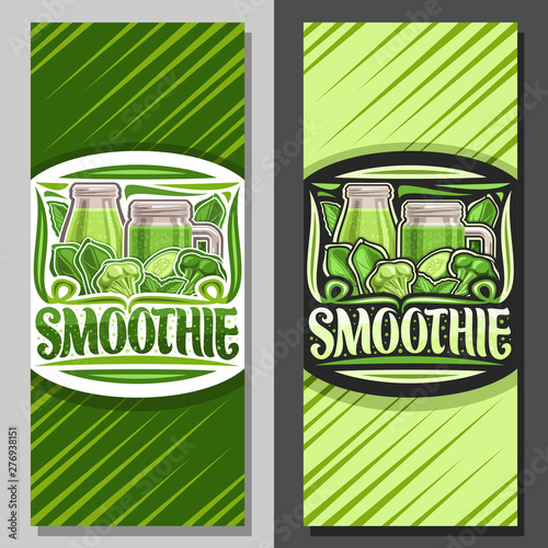 Vector layouts for Green Smoothie, coupon with illustration of juicy veggies set, bottle and mason jar with homemade blended beverage, voucher with lettering for word smoothie on green background.