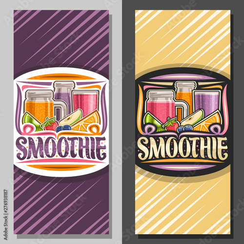 Vector layouts for Fruit Smoothie, coupon with illustration of juicy fruit ingredients, mason jar with tropical blended dessert, voucher with lettering for word smoothie on purple abstract background.