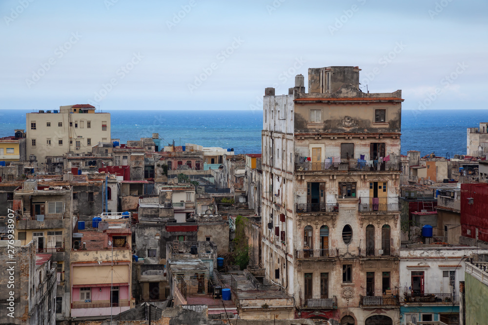 Aerial view of the residential neighborhood in the Old Havana City, Capital of Cuba, during a bright and sunny day.