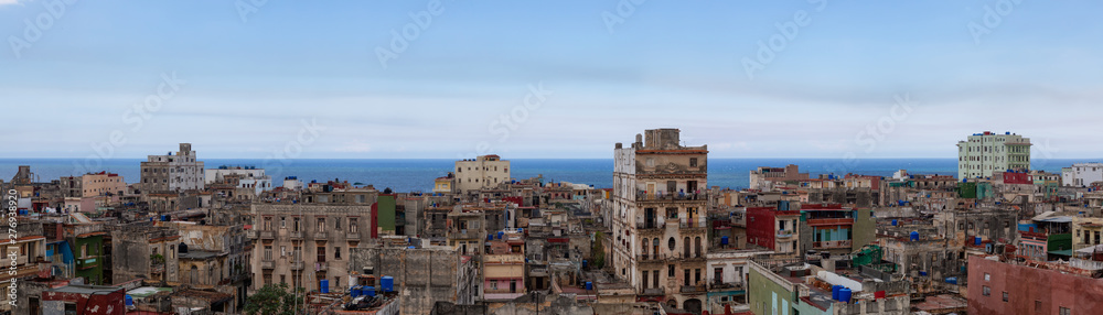 Aerial panoramic view of the residential neighborhood in the Old Havana City, Capital of Cuba, during a bright and sunny day.