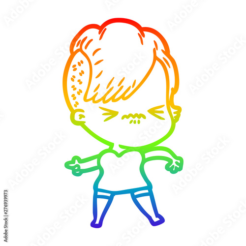rainbow gradient line drawing cartoon annoyed hipster girl