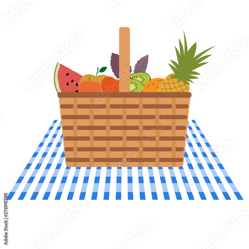 Vector. Wicker picnic basket, fruits