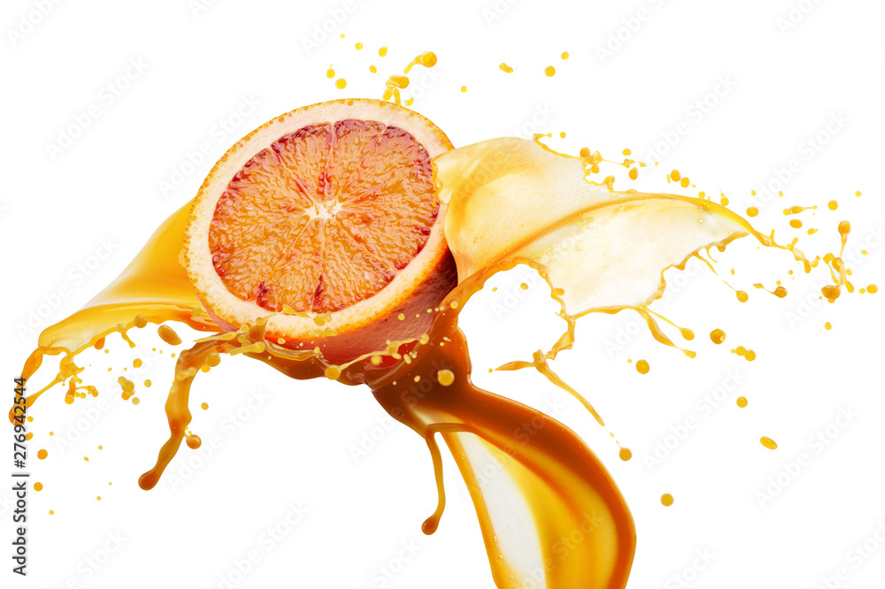 half of sicilian orange in juice splash isolated on a white background - obrazy, fototapety, plakaty 