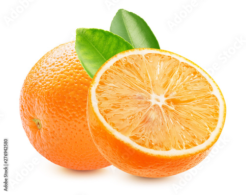 orange with half of orange and leaves isolated on a white background