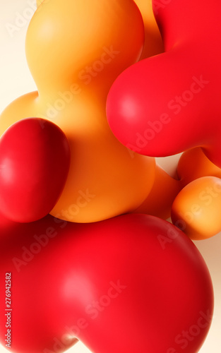 3d rendering illustration. Abstract smooth liquid art. Vertical background design for stories and graphic design projects. Balls and bubbles. Happy summer party mood. Yellow, orange and red shapes.