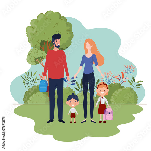 couple of parents with children in landscape