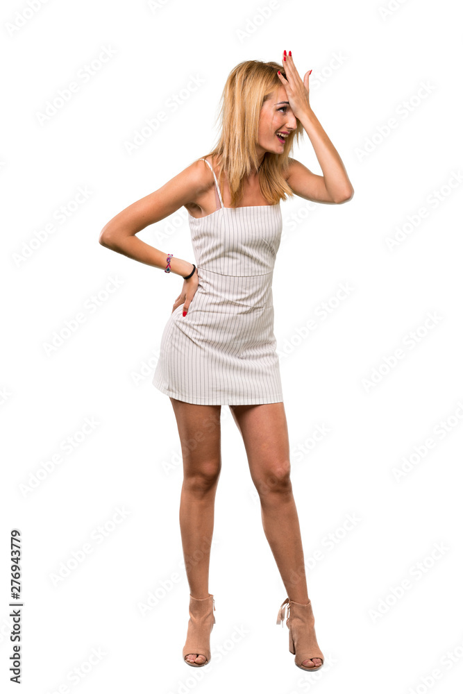 Fototapeta premium A full-length shot of a Young blonde woman has realized something and intending the solution over isolated white background