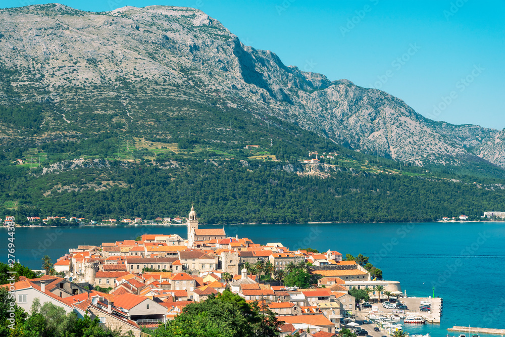 Aerial view of the old town of Korcula on the island and Adriatic sea, Croatia