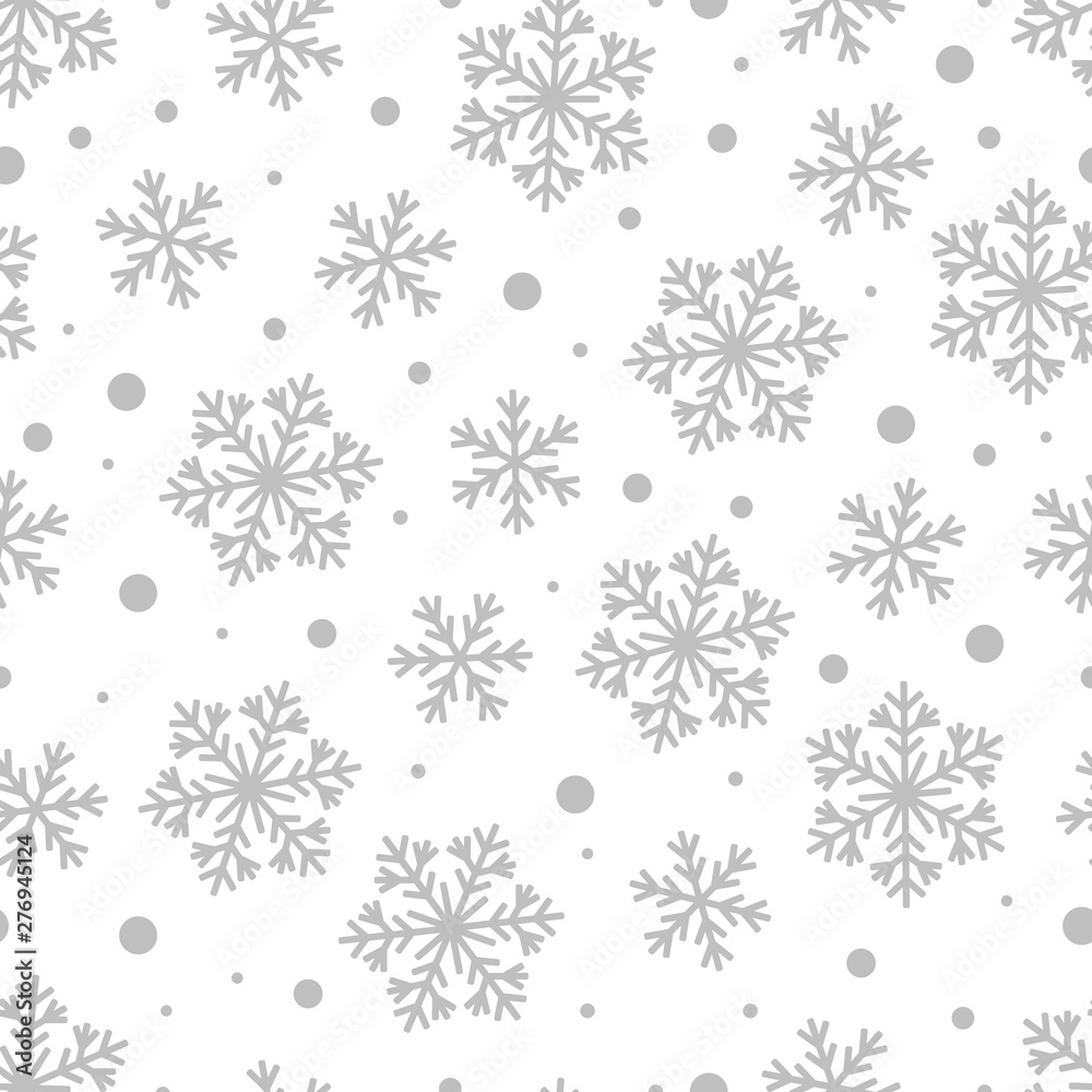 Christmas Seamless Pattern of Grey Snowflakes and Circles on White Backdrop.