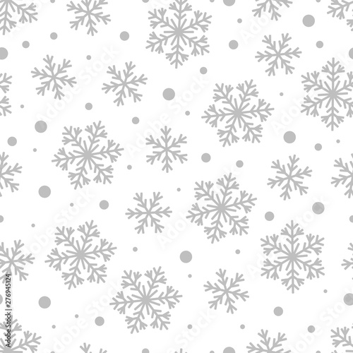 Christmas Seamless Pattern of Grey Snowflakes and Circles on White Backdrop.