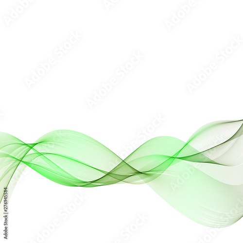  Vector green lines of a smoky wave on an abstract white background