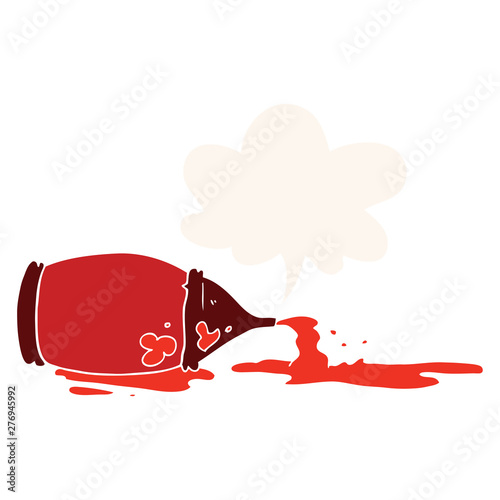 cartoon spilled ketchup bottle and speech bubble in retro style