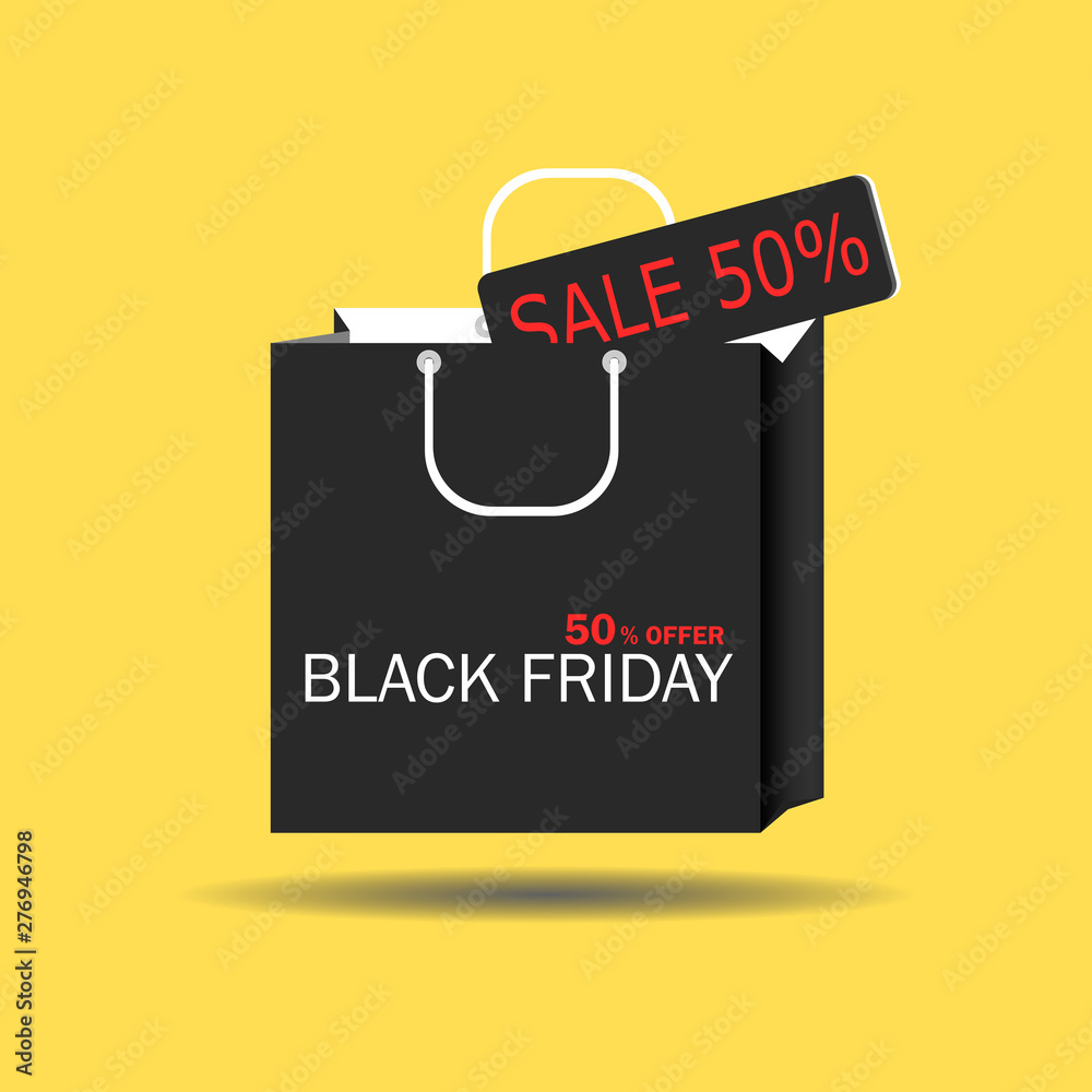 Black Friday concept Black paper cut bag with 50% offer tag Sale. Black friday banner for promote. Vector illustration isolated on yellow background Black Friday concept Black paper cut bag with 50% offer tag Sale. Black friday banner for promote. Vector illustration isolated on yellow background