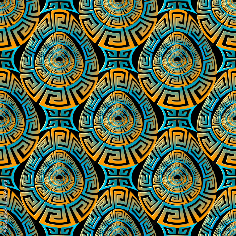 Modern colorful 3d greek style vector seamless pattern. Abstract ornamental surface background. Textured repeat geometric backdrop. Radial, egg shapes, fractals, curves, greek key meanders ornaments