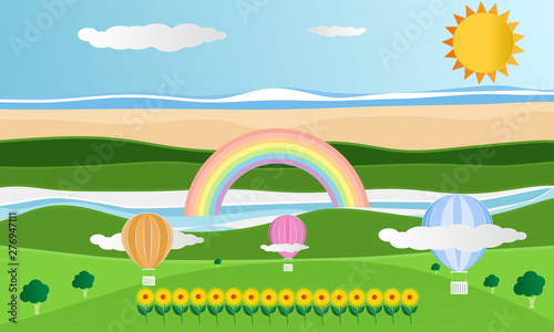 Summer season with rainbows on blue sky and clouds background.  balloons gift on air .Creative design Paper cut craft style graphic card and poster. vector. illustration