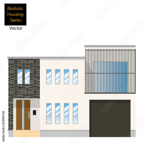 一戸建て、タイル貼りの一軒家のイラスト（二階建て）_マイホーム、木造住宅_ベクターデータ、ガレージ、サンデッキ