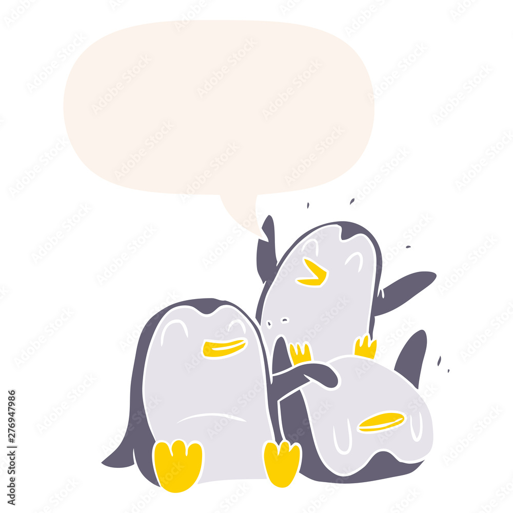 cartoon happy penguins and speech bubble in retro style
