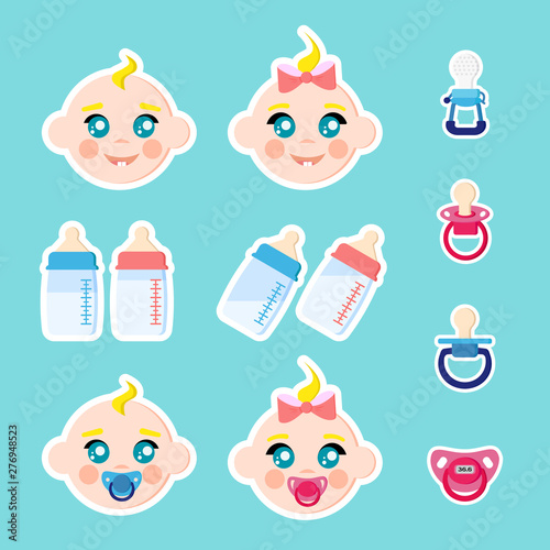 Set of children stikers isolated on blue background. photo