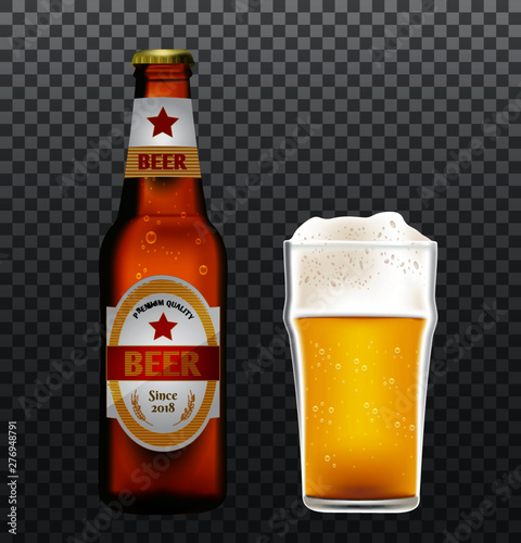 Glass and bottle with splashing beer, attractive beer mockup in 3d template.