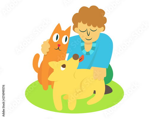  Man with happy cat and dog