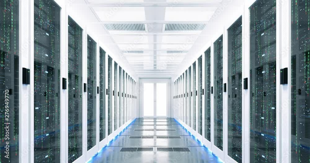 3D Render of Fly Through Rack Servers in Data Center. Digitalization of Global Big Information