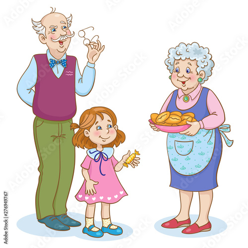 Grandmother treats grandfather and granddaughter with delicious pies. In cartoon style. Isolated on white background.