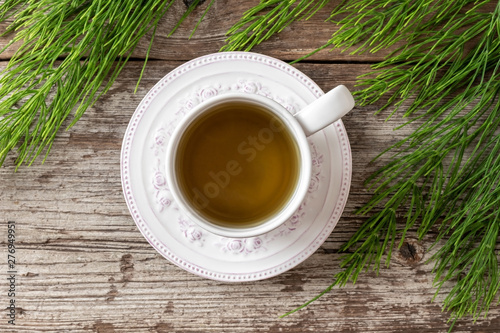 A cup of horsetail tea with fresh Equisetum arvense plant