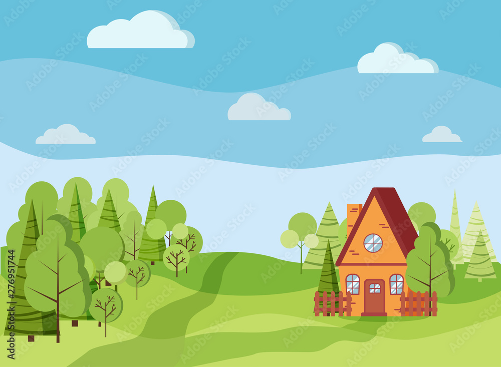 Spring or summer landscape with country house, green trees, spruces, fields, clouds in cartoon flat style.