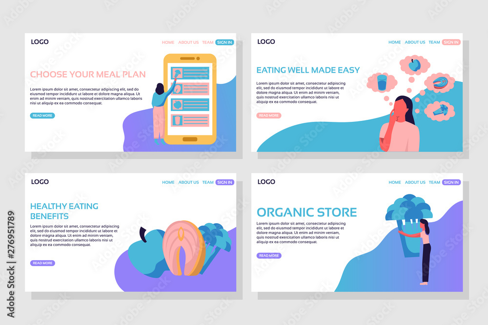 Healthy eating landing page set. Woman choosing meal plan on giant phone, woman thinking about food, apple, fish and broccoli, woman hugging broccoli web wage. Flat vector illustration Healthy eating landing page set. Woman choosing meal plan on giant phone, woman thinking about food, apple, fish and broccoli, woman hugging broccoli web wage. Flat vector illustration