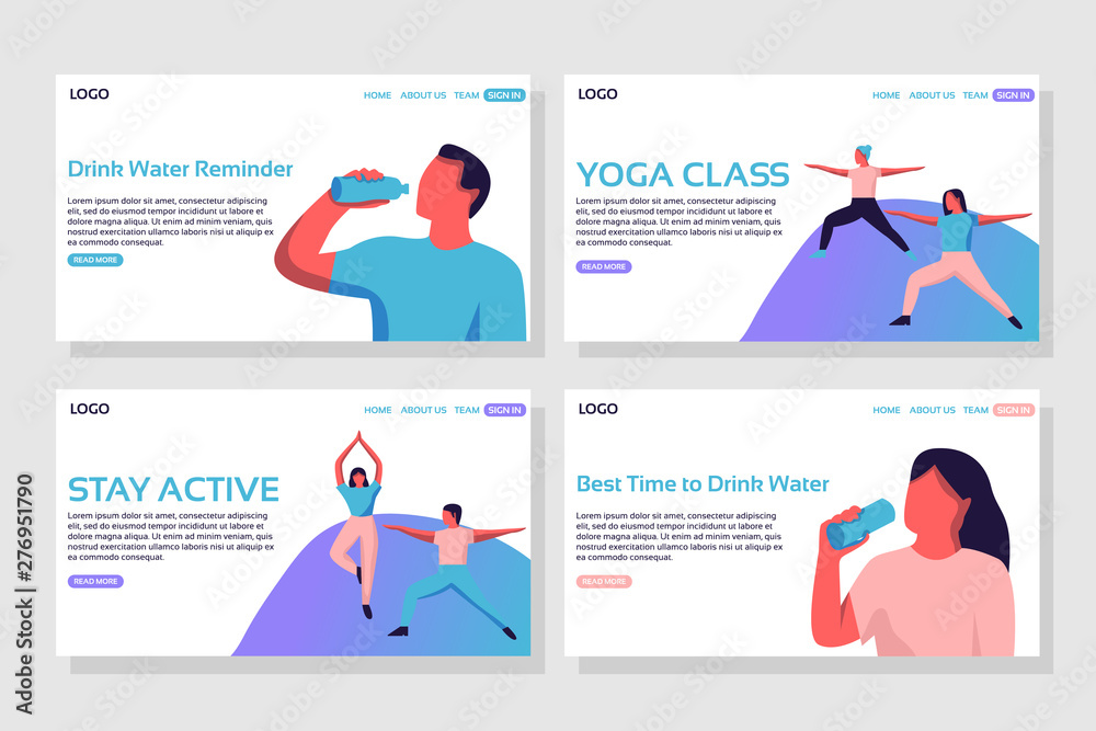 Sport landing page set.  Woman drinking water, man drinking water, man and woman in yoga poses web wage. Flat vector illustration