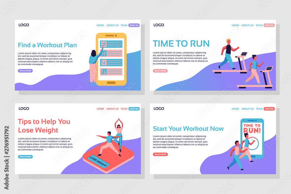 Sport landing page set. Woman choosing workout plan on giant phone, people running on treadmill, people on isometric scales, time to run web wage. Flat vector illustration Sport landing page set. Woman choosing workout plan on giant phone, people running on treadmill, people on isometric scales, time to run web wage. Flat vector illustration
