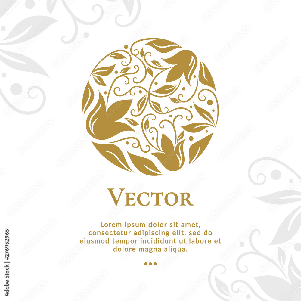 Gold abstract leaves emblem template with organic vector elements. Can be used for logo and monogram. Great for invitation, flyer, menu, brochure, background or any desired idea.
