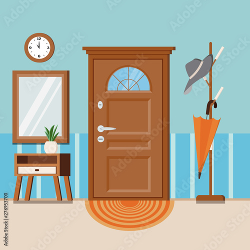 Cozy home entrance hall interior background with furniture vector illustration.