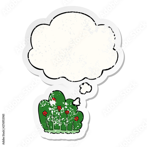 cartoon hedge and thought bubble as a distressed worn sticker