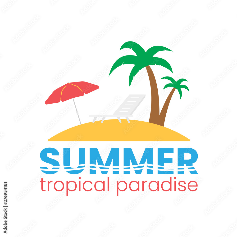 Fototapeta premium Beach logo on white backdrop. Flat holiday logotype. Time to travel concept. Sun lounger and beach umbrella. Island and palm trees. Vector illustration