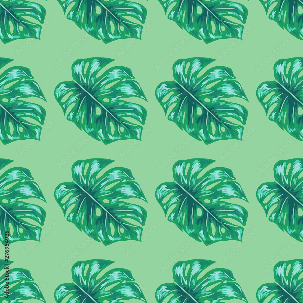 Indigo seamless pattern with monstera palm leaves. Summer tropical camouflage fabric design.