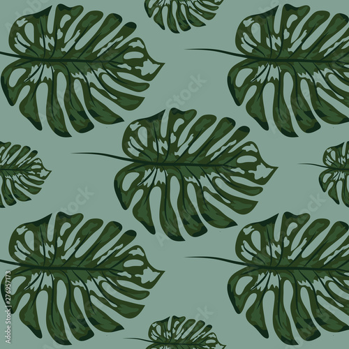 Tropical leaf design featuring blue Monstera plant leaves. Seamless repeating pattern.